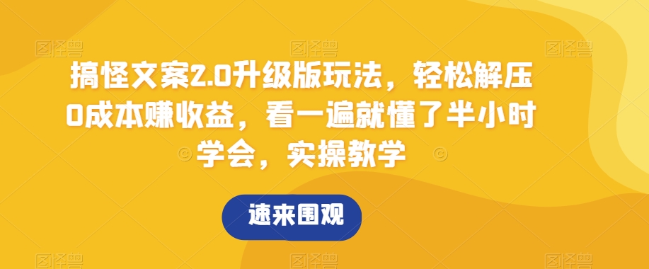 搞怪文案2.0升级版玩法，轻松解压0成本赚收益，看一遍就懂了半小时学会，实操教学【揭秘】-178分享