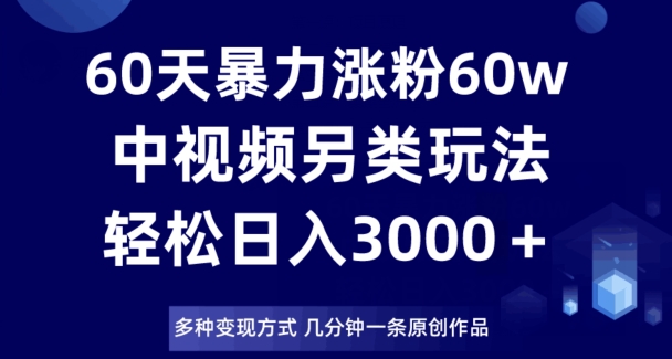 60天暴力涨粉60W，中视频另类玩法，日入3000＋，几分钟一条原创作品多种变现方式-旺仔资源库